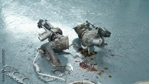 Medium shot of an old car turbocharger on the floor of a garage in Petaling Jaya, in the state of Selangor, Malaysia