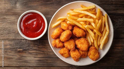Delicious golden chicken nuggets served with crispy fries and ketchup on a wooden table