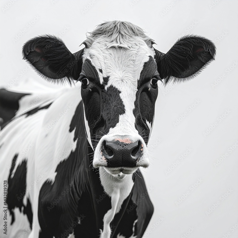 High resolution image of a black and white Holstein cow facing the camera, perfect for agricultural, farming, and dairy industry concepts.