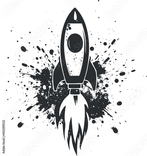 Black and white silhouette of a rocket launching with explosion and splash grunge background