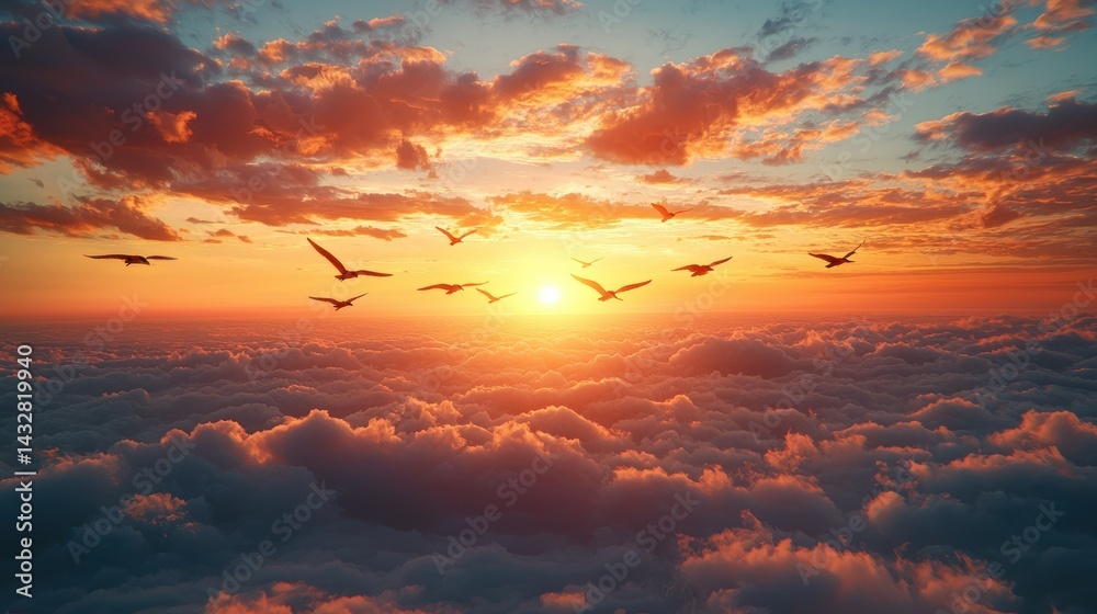 Fototapeta premium Birds Flying Above the Clouds at Sunset: A Breathtaking Aerial View
