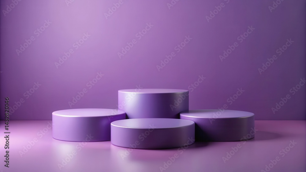 Three minimalist purple podiums for product presentation on empty background, Podiums, Minimalist, Podiums