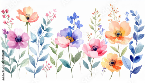 Wallpaper Mural Beautiful watercolor flowers in various colors and shapes, showcasing vibrant floral arrangement with delicate leaves Torontodigital.ca