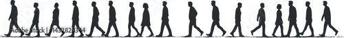 Silhouettes of diverse people walking in a line showing casual urban movement and daily life activity