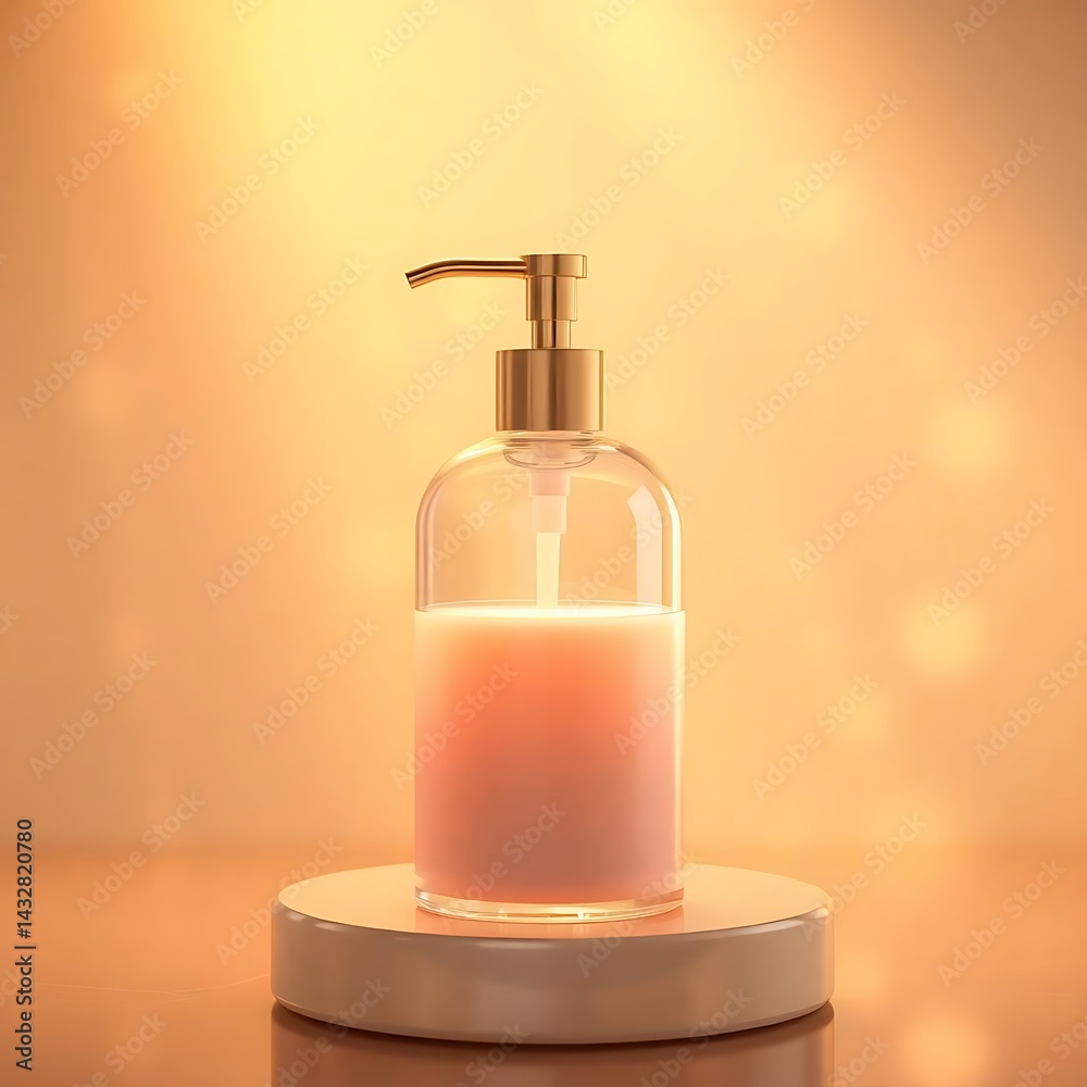 Pink lotion pump bottle with warm light.