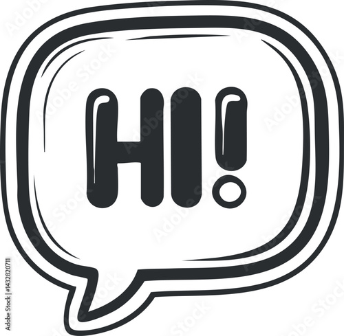 Black and white speech bubble with the word hi and exclamation mark inside for greeting or communication