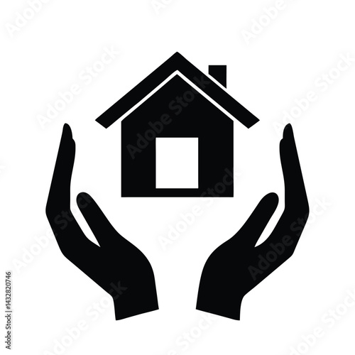 Hands Holding House Silhouette – Housing Protection and Care Icon in Black and White