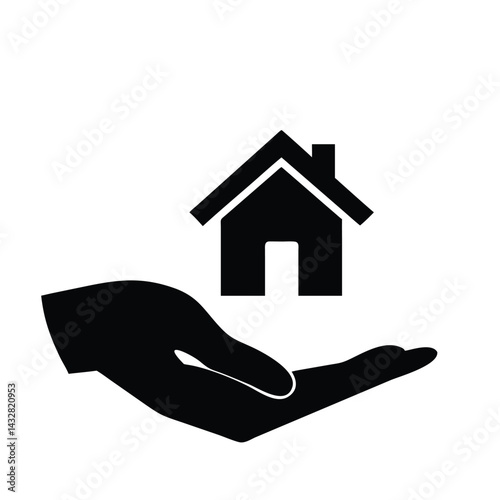 Hands Holding House Silhouette – Housing Protection and Care Icon in Black and White