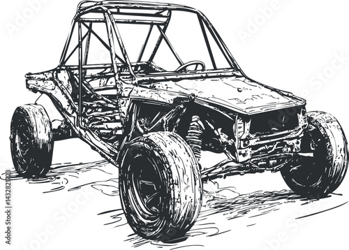 Black and white sketch of an offroad buggy vehicle showing detailed car frame and wheels