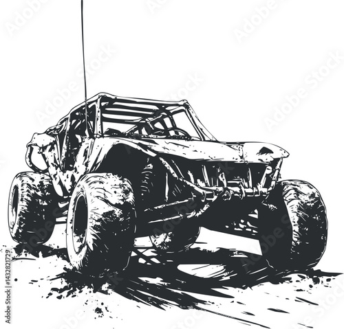 Black and white sketch of an offroad dune buggy vehicle designed for rough terrain and outdoor racing adventures.