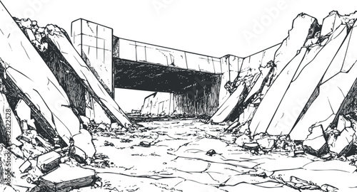 A black and white sketch of a broken concrete bridge over rocky rubble and cracked ground in a destroyed landscape.