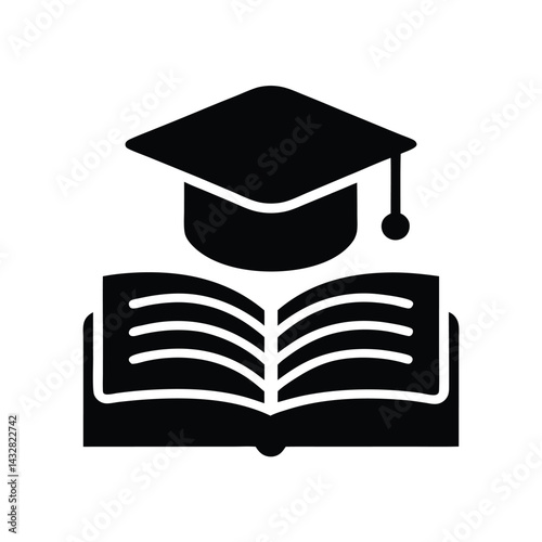Open Book with Graduation Cap Icon – Education and Academic Achievement Symbol in Black