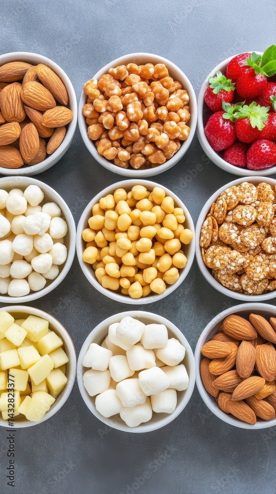 Assorted Bowls of Different Toppings and Snacks Including Nuts, Dried Fruits, Candies, and Granola in Small White Ceramic Bowls on Gray Surface Assorted Bowls of Different Toppings and Snacks Including Nuts, Dried Fruits, Candies, and Granola in Small White Ceramic Bowls on Gray Surface