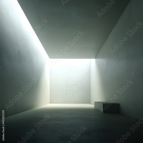 Minimalist Interior with Natural Light Streaming Through Skylight Creating a Serene and Contemplative Atmosphere in a Modern Architectural Space