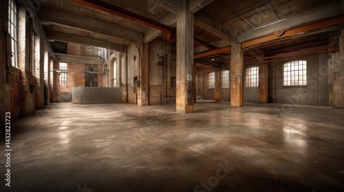 Industrial warehouse interior with weathered concrete columns and natural light streaming through large windows creating a sense of spaciousness and urban decay