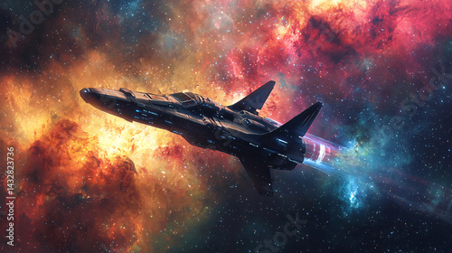 Spaceship soars through a vibrant nebula with an ethereal light trail