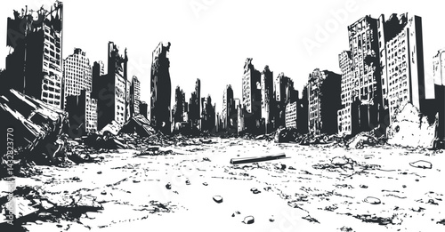 Black and white illustration of a destroyed cityscape showing ruined buildings and debris after an apocalypse or disaster