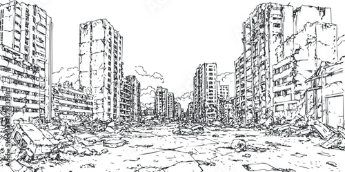 Black and white line art illustration of a destroyed urban cityscape with ruined and abandoned buildings after apocalypse or disaster