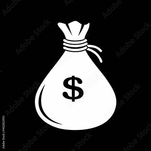 White Money Bag Icon on Black Background – Dollar Sign Graphic for Finance and Wealth