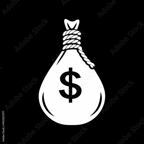 White Money Bag Icon on Black Background – Dollar Sign Graphic for Finance and Wealth