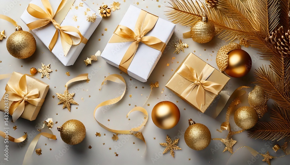 Fototapeta premium holiday-themed flat lay with gold ornaments, ribbon, and minimal luxury 