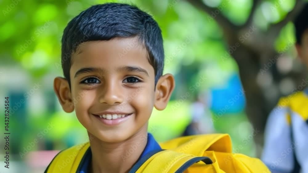 A Young Boy Holding A Bright Yellow Schoolbag, Smiling At The Camera. A Young Boy Holding A Bright Yellow Schoolbag, Smiling At The Camera.