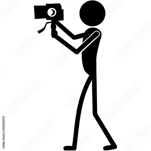 Stick Figure Holding Camera Icon – Photography Symbol in Black and White