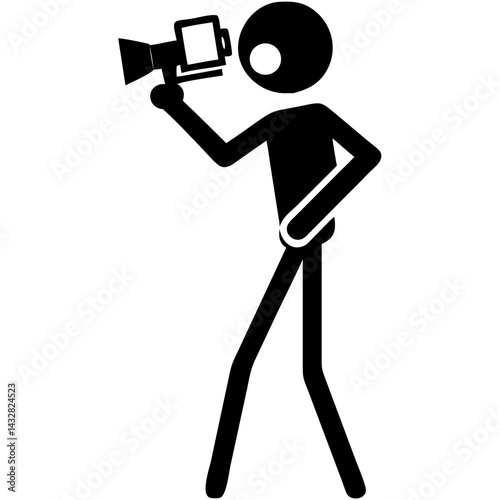 Stick Figure Holding Camera Icon – Photography Symbol in Black and White