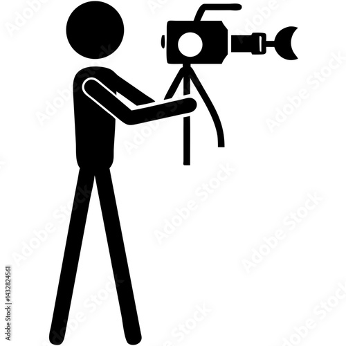 Stick Figure Holding Camera Icon – Photography Symbol in Black and White