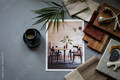 Interior Design Mood Board Flat Lay Featuring Modern Dining Room Image and Natural Materials