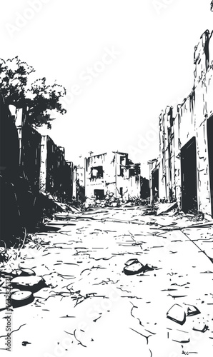 Black and white illustration of a ruined urban street with damaged buildings and debris scattered around.