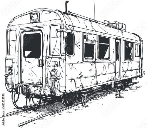 Black and white sketch of an old vintage train railcar on railway tracks for transport and travel illustration