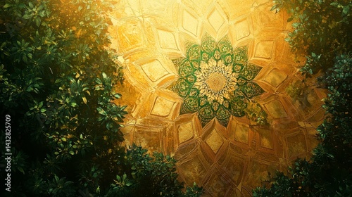 Abstract flower pattern surrounded by green foliage with bright light from above.