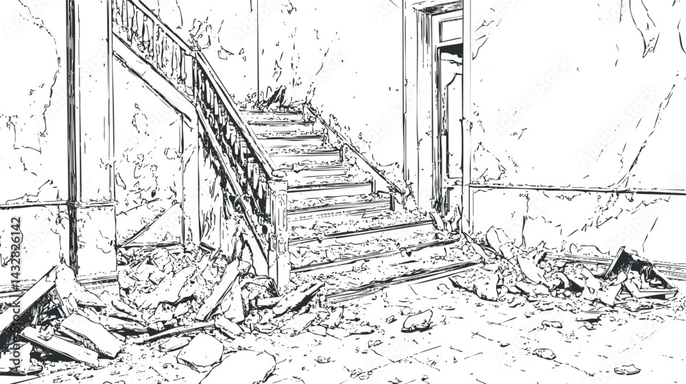 Fototapeta premium Line art drawing of an abandoned deteriorated interior with broken stairs and debris scattered on the floor
