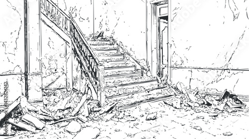 Line art drawing of an abandoned deteriorated interior with broken stairs and debris scattered on the floor