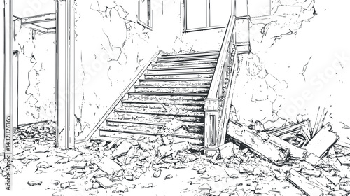 Black and white sketch of a dilapidated interior with broken stairs and debris scattered on the floor