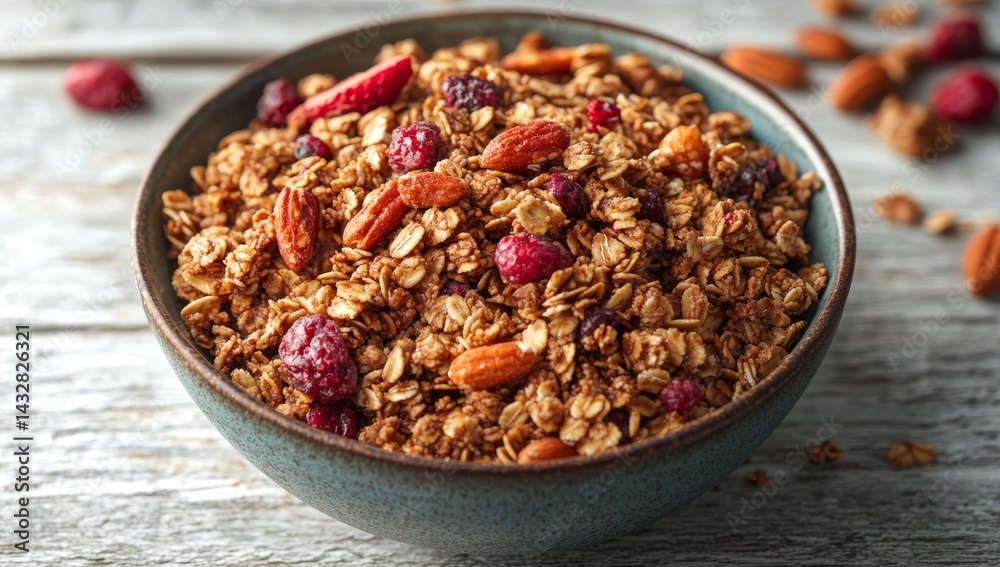 A bowl of granola with almonds and cranberries sits on a rustic wooden surface.