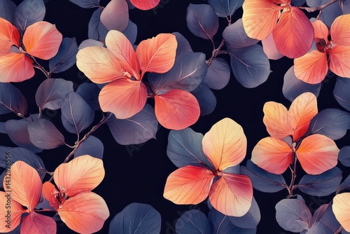 Flowers with peach petals and grey leaves on a dark background. Use it for backgrounds, textiles, and designs with a floral theme.