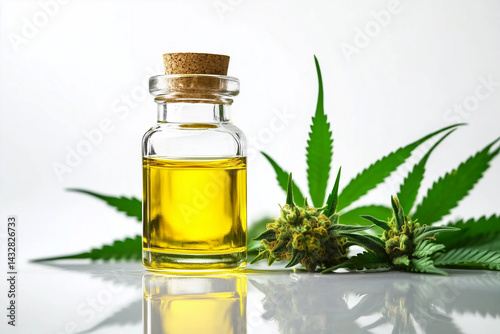 Cannabis oil in a glass bottle with fresh leaves