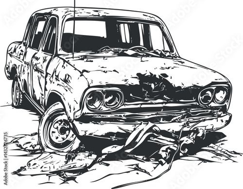 Black and white illustration of an old, rusty, and damaged abandoned car wreck on a white background