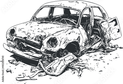 Black and white illustration of a badly damaged and wrecked old car with broken doors and debris