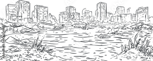 Black and white sketch of a city skyline with buildings along a river and natural riverbank vegetation