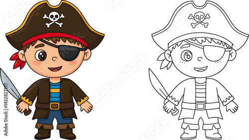 Adventurous Young Pirate: A charming illustration presents a young pirate, full of spirit, brandishing a sword and wearing an eye patch and tricorn hat.