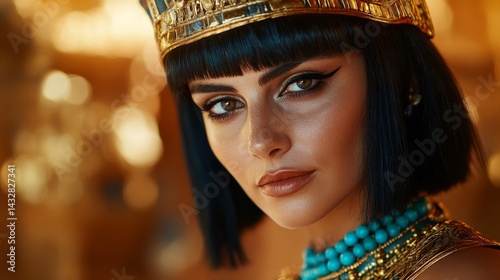 A portrait of Cleopatra VII, with her distinctive black bob haircut adorned with a golden headpiece and vibrant turquoise beads, AI Generative.