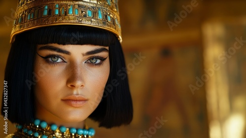 A portrait of Cleopatra VII, with her distinctive black bob haircut adorned with a golden headpiece and vibrant turquoise beads, AI Generative.