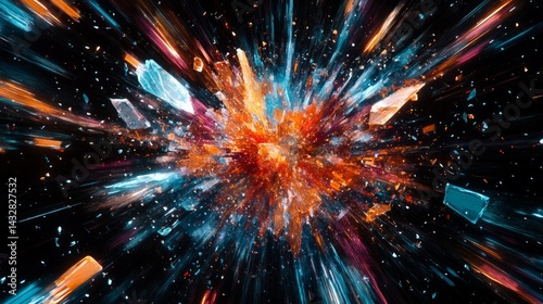 A dynamic digital artwork of a shattered glass effect, with colorful shards flying outward from a central point, AI Generative.