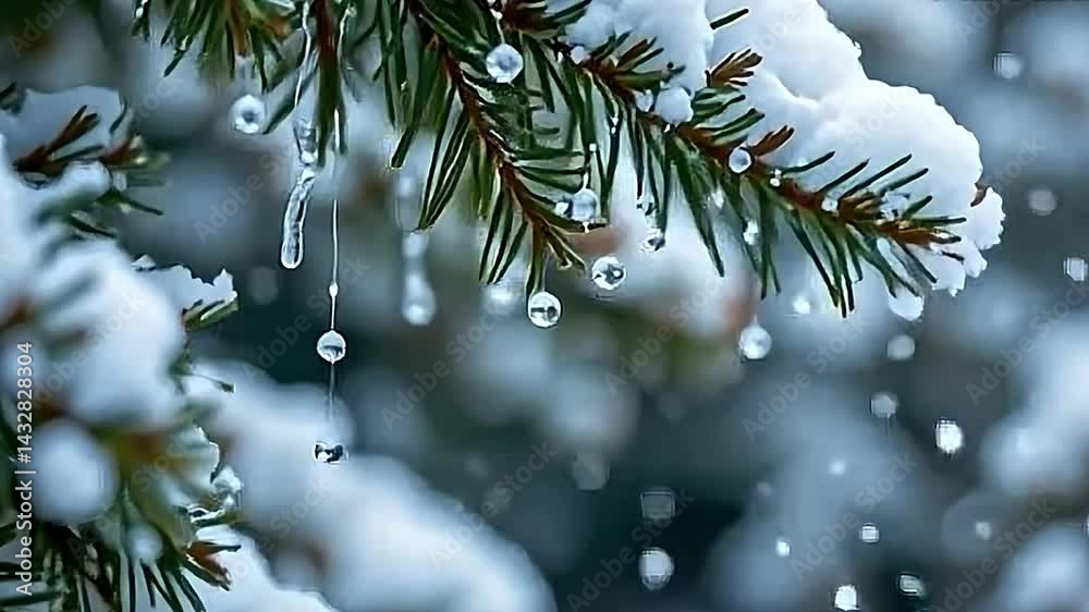Close up footage captures delicate, crystalline snowflakes cascading from the snow burdened boughs of a coniferous tree