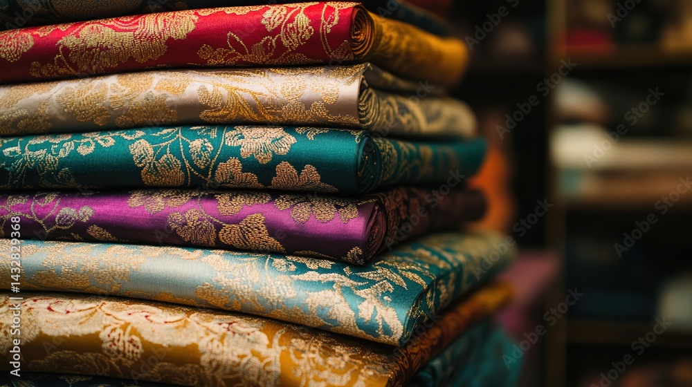 A pile of vibrant brocade fabrics with elaborate flower designs, likely in a marketplace or shop. A pile of vibrant brocade fabrics with elaborate flower designs, likely in a marketplace or shop.