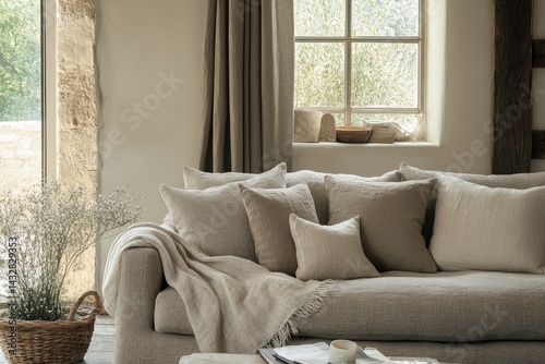 Rustic living room interior with neutral tones and comfortable furnishings. photo