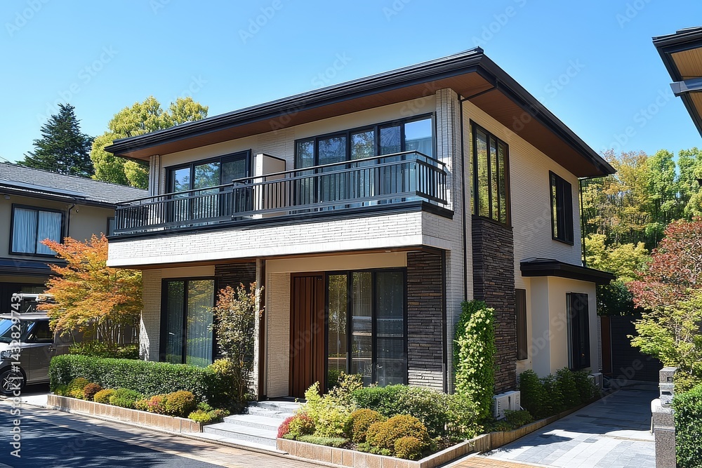 Fototapeta premium Two-story Japanese house with beige and white brick exterior, dark gray roof, and open-air balcony. Surrounded by green bushes, with a parking lot and blue sky in the daytime.